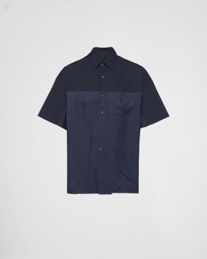 Prada Corta-sleeved Algodon Shirt Azules | ZIGW9109